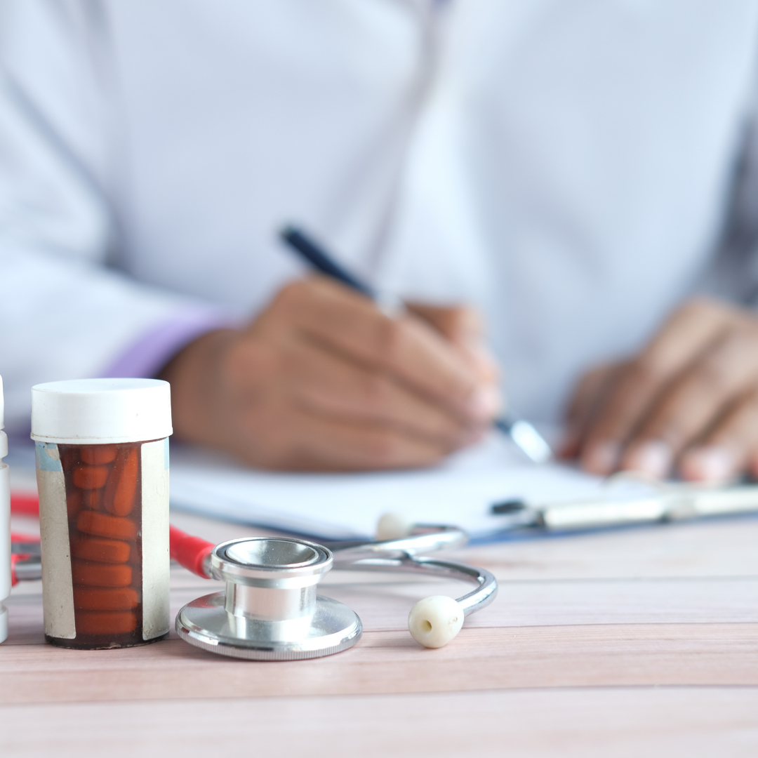 Handwritten medication list including prescriptions, vitamins and supplements